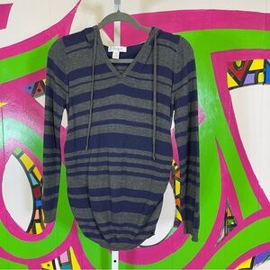 Motherhood Maternity. Long Sleeve Striped Hooded Shirt. Ruched sides. Size Small
